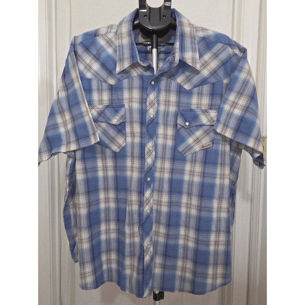 Wrangler Wrancher Mens 3X Blue Plaid Pearl Snap Western Shirt Short Sleeve
